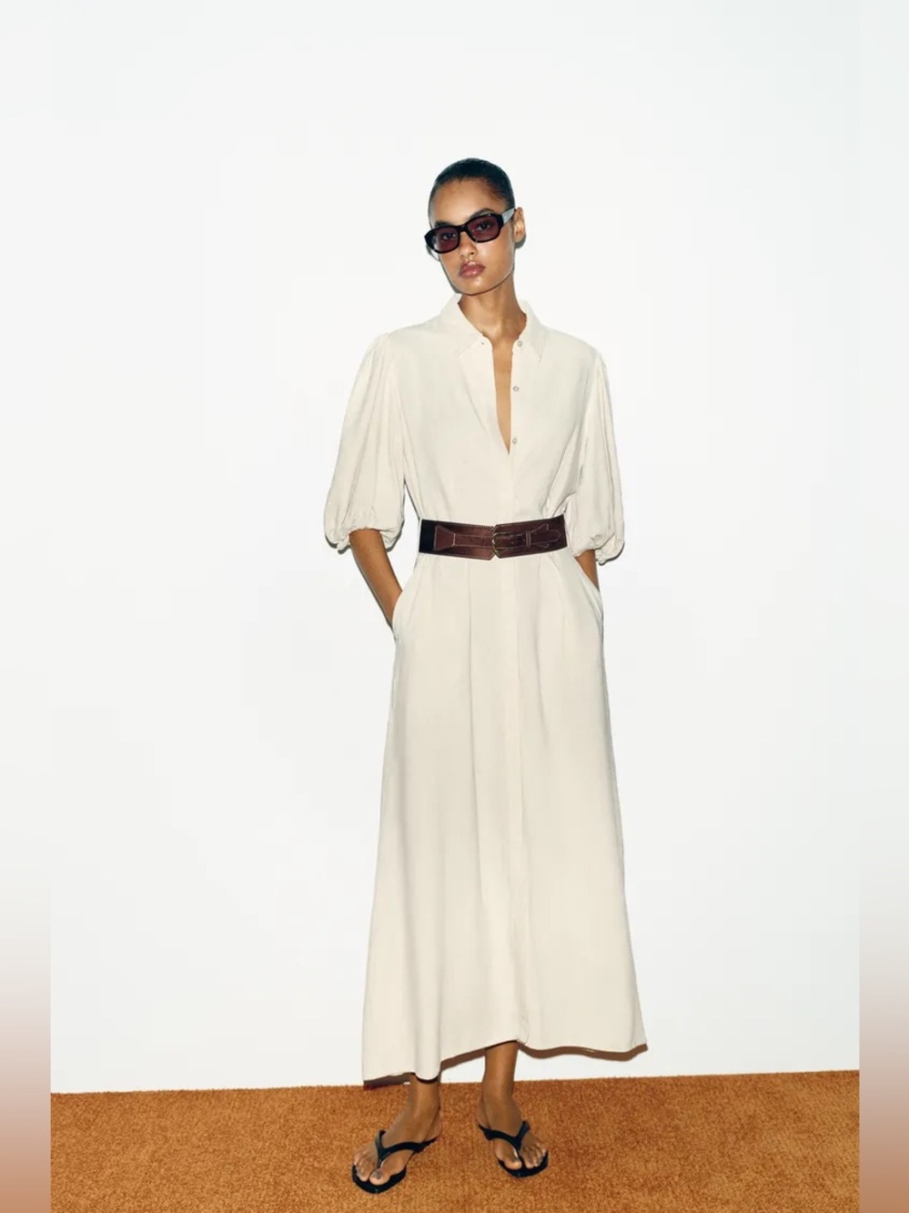 Zara Linen Cream Shirt Midi Dress with Puff Sleeves
